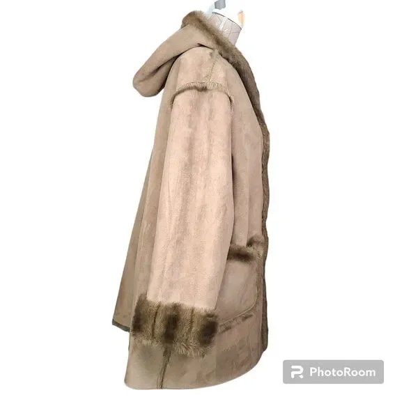 Vintage Dennis Basso Size 1X Tan Brown Reversible Faux Suede/Fur Penny Lane Coat